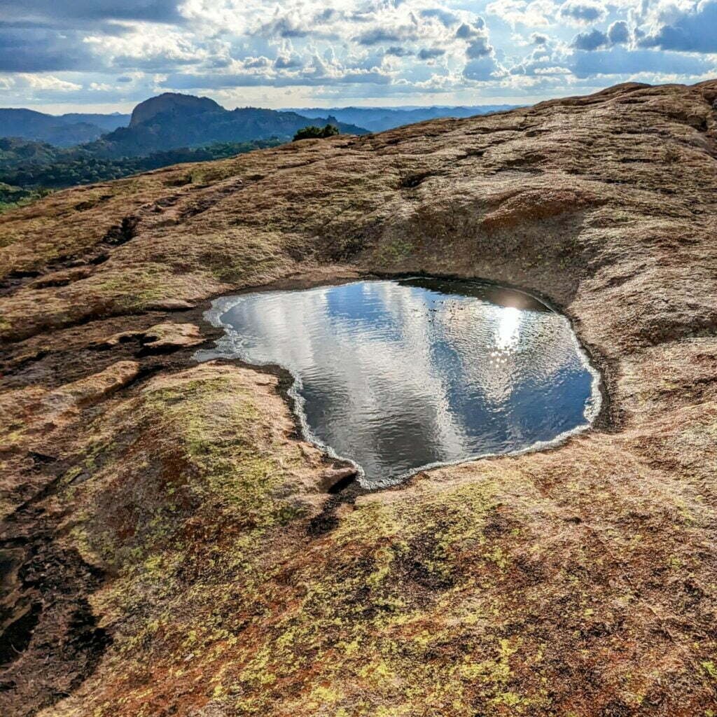 a small pool of water on a rocky surface